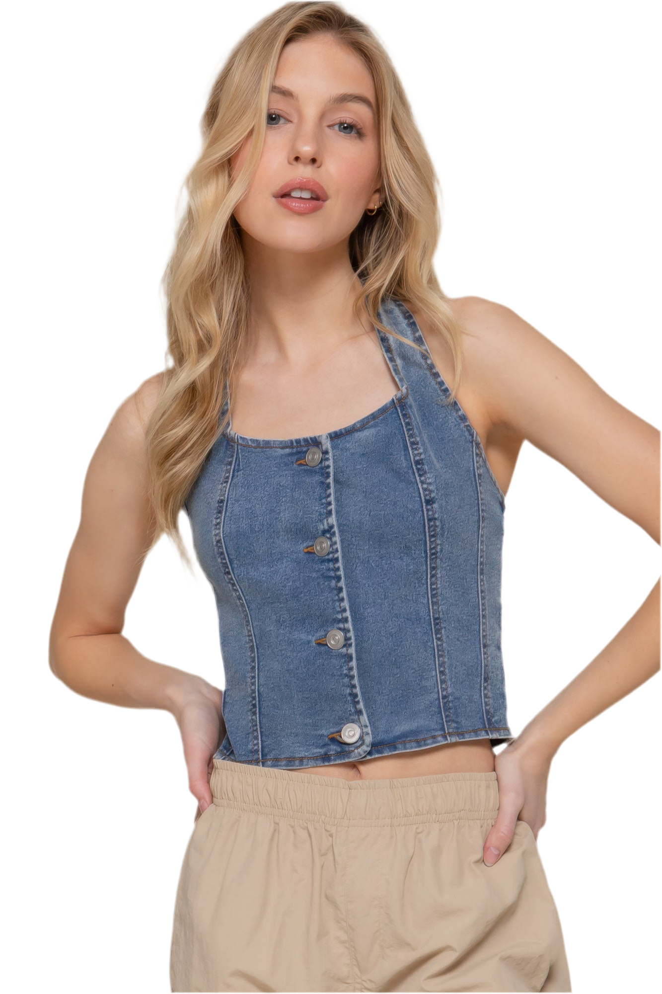 Button Down Stretch Denim Halter Top